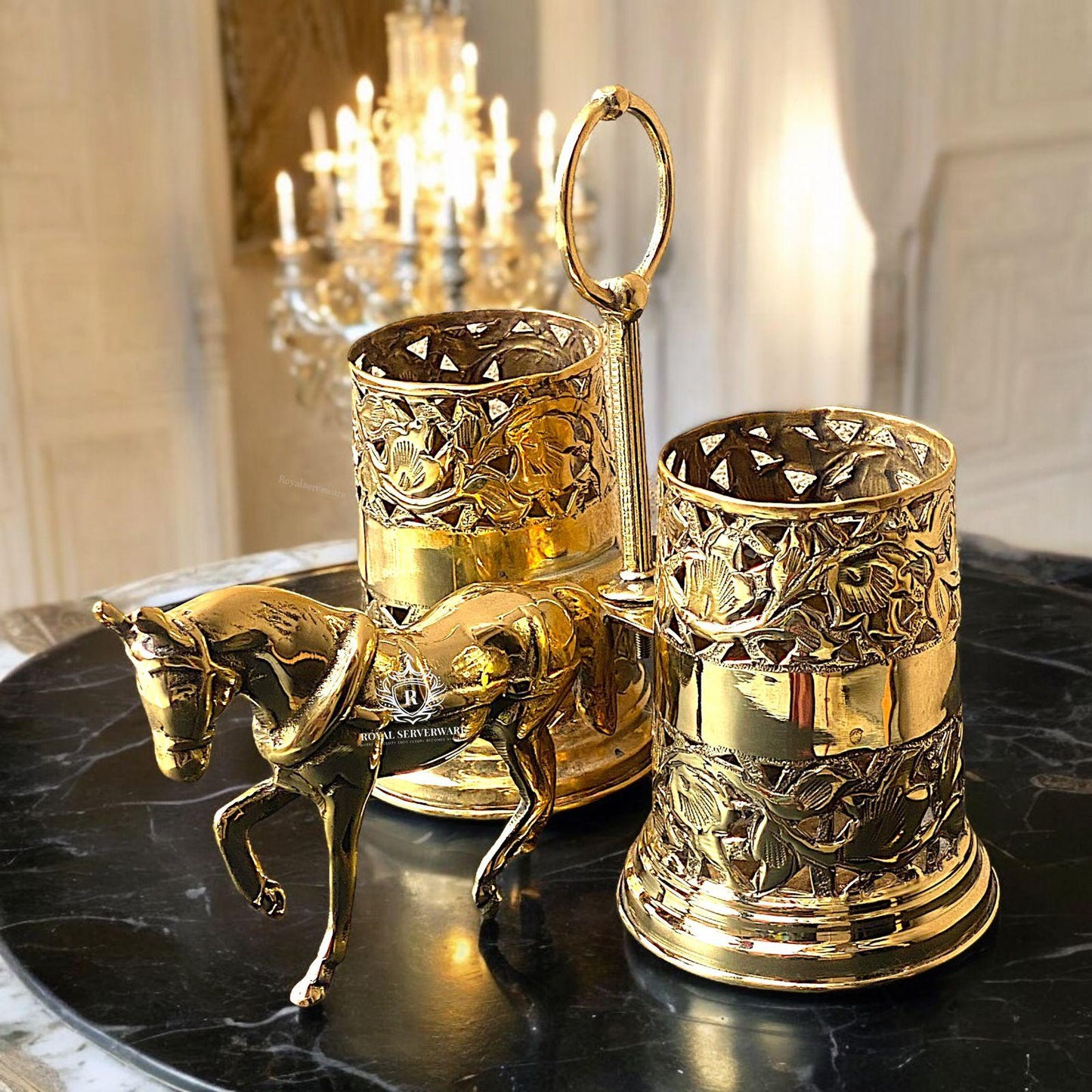 Horse Cutlery holder gold brass
